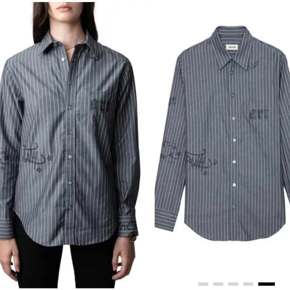 Zadig and Voltaire Taskiz Manifesto Striped Embellished Cotton Button Shirt Sz S - Picture 1 of 12
